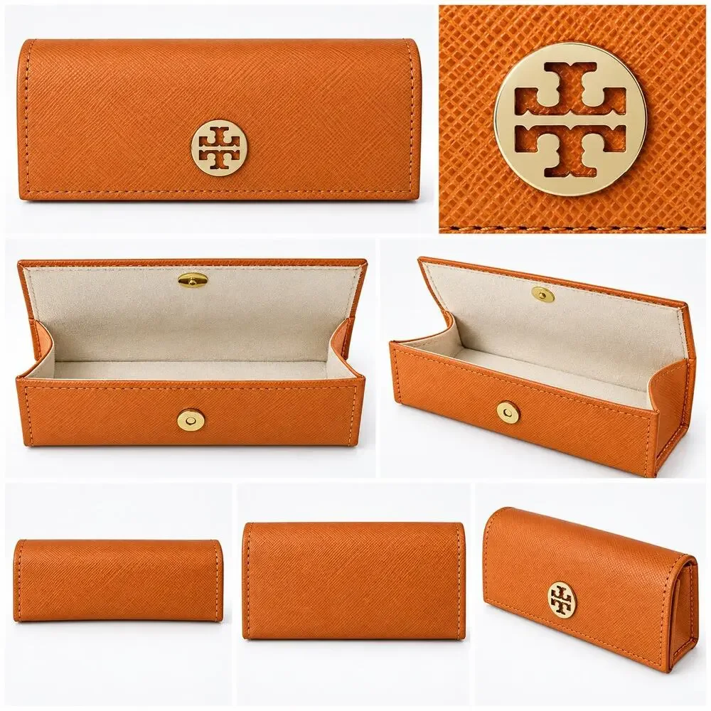 Tory Burch Orange Saffiano Leather Eyeglasses Sunglasses Case Gold Logo Magnetic